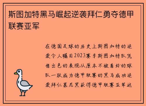 斯图加特黑马崛起逆袭拜仁勇夺德甲联赛亚军